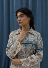 LaRosa Summer Dreams Edeline neutral-toned cotton nightwear for women, styled as a printed co-ord with classic button-down shirt and soft trousers.
closeup